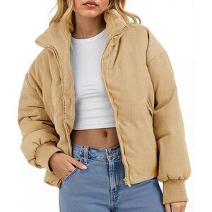 Women's Winter Fashion Khaki Corduroy Quilted Puffer Jackets Cropped Zip Up Coat